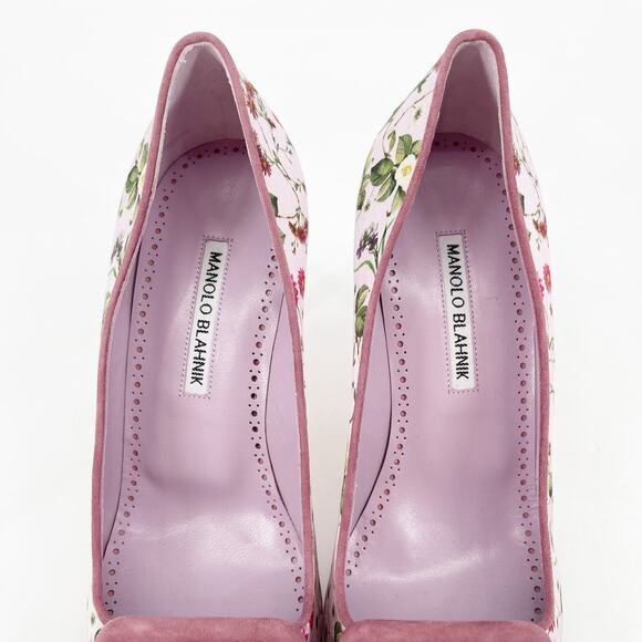 Manolo Blahnik Maysale Pink Floral Satin Buckle Pumps IT 39.5 Pointed Toe Heels - Picture 7 of 11